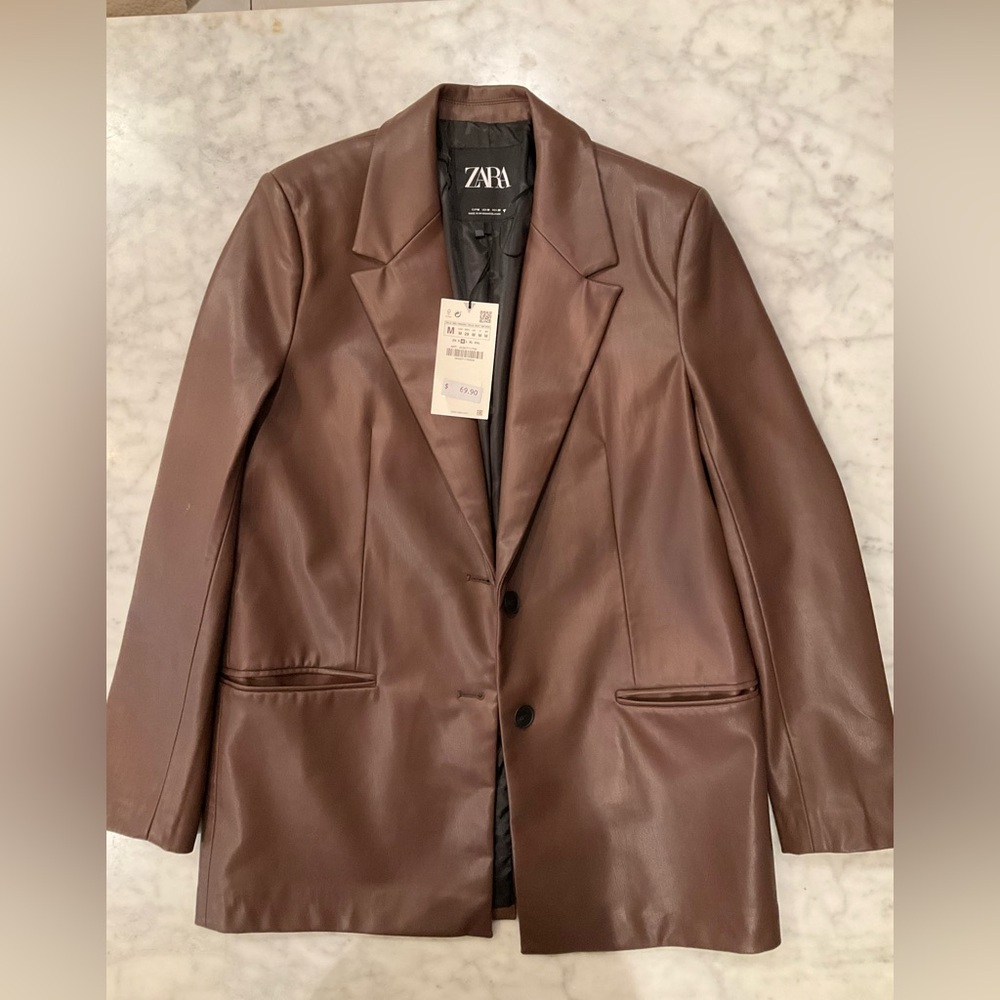 ZARA Brown Faux Leather Blazer Jacket